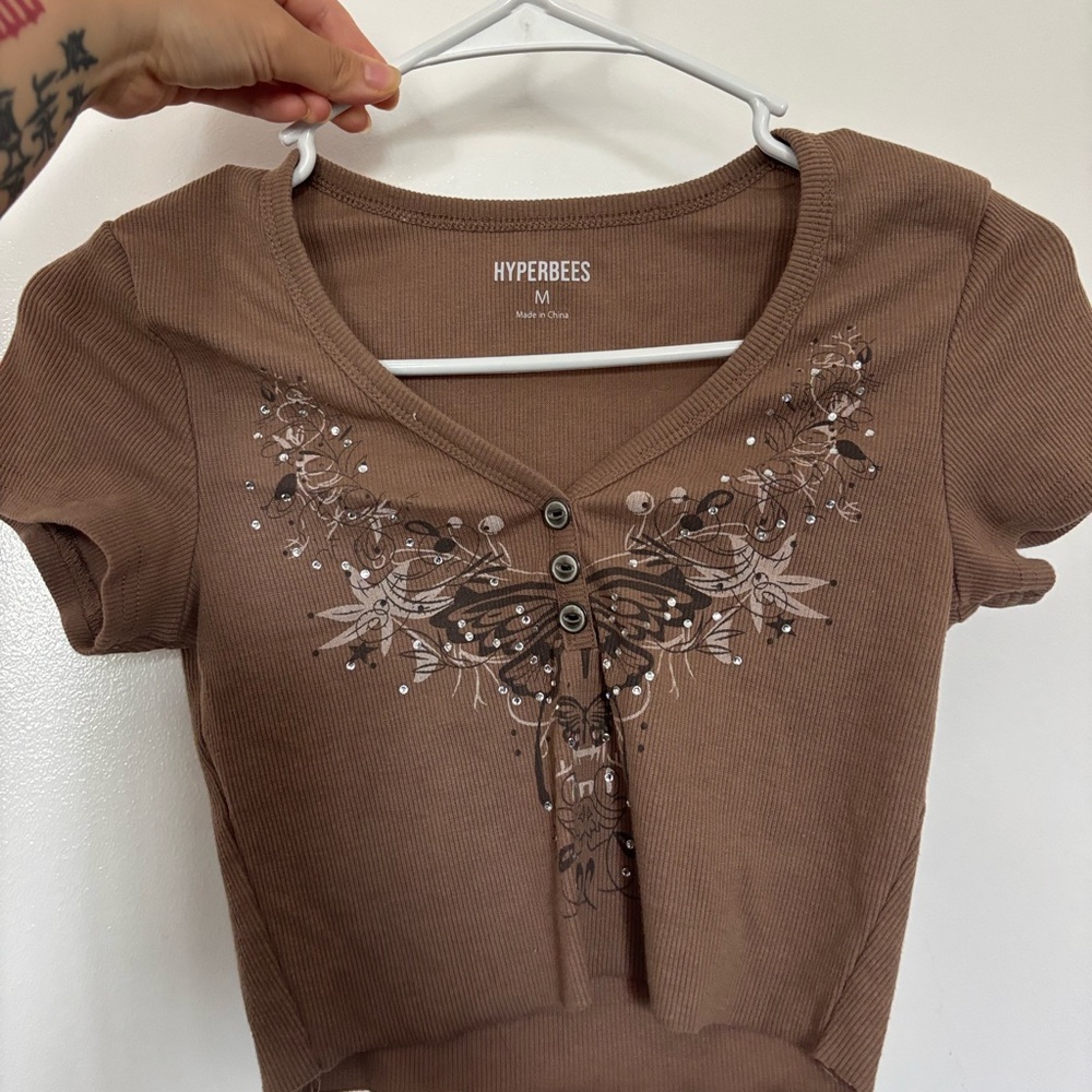 Brown Embellished Crop Top with Tie Front